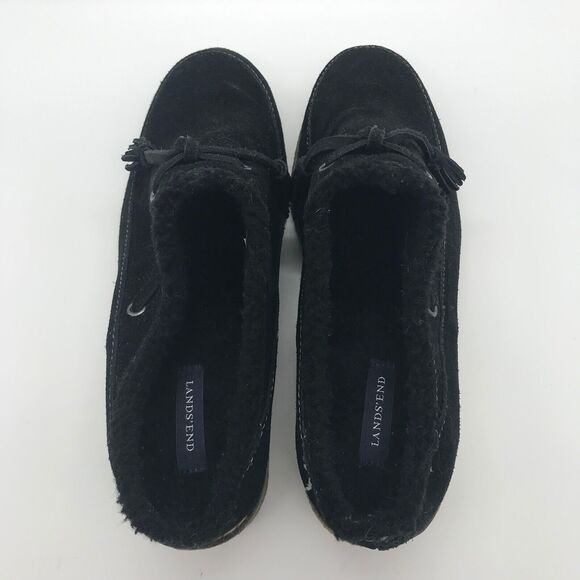 Lands' End Black Suede Faux Fur Lined Clogs Women 7.5 Tasseled Crepe Wedge Shoe - Picture 6 of 10
